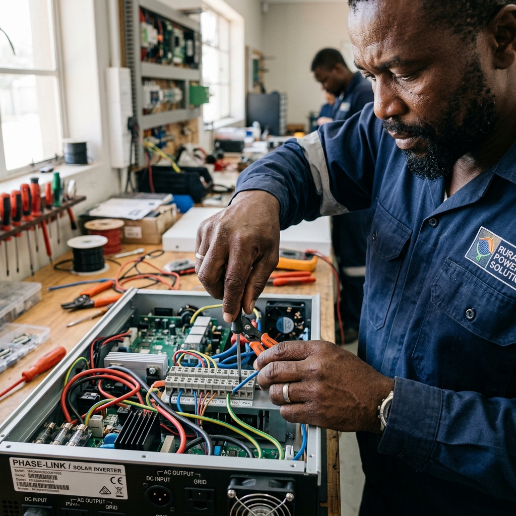 Gros plan sur les mains d'un artisan électricien africain raccordant un onduleur solaire.